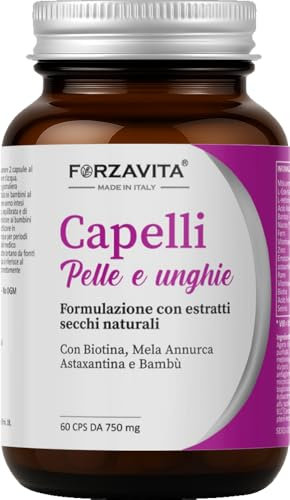 FORZAVITA Capelli Pelle e Unghie – Integratore Alimentare Naturale per Uomo e Donna | Con Mela Annurca, Biotina, Astaxantina e Bambù | 60 Capsule Vegane | Rinforzamento di Capelli, Pelle e Unghie