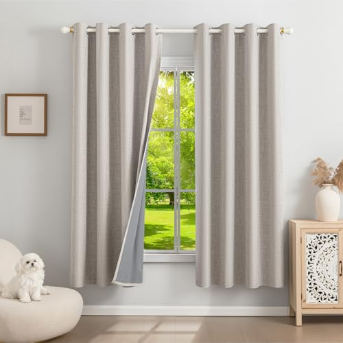 Runyéla 100% Rideau Occultant Thermique Isolant Anti Chaleur, Lot de 2 Lin Rideaux Fenêtre Opaques à Oeillets Gris Blanc Anti Froid UV Bruit, Intérieurs Decoration Dressing Salon Chambre 140x175