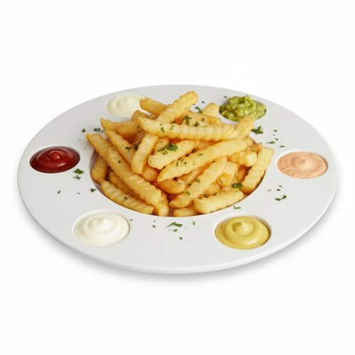 BALSAT | Tabla circular para presentación de patatas fritas y aperitivos | Marron o Blanco | Con 6 compartimentos para salsas | Lavable a mano o lavavajillas | Material polietileno resistente (Blanco)