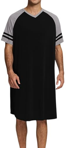 Enjyam Camisón Hombre Dormir Camisetas de Pijama Larga Escote en V Suave Transpirable Camisa de Noche de Manga Corta Camison Hospital Ropa de Dormir para Descansar