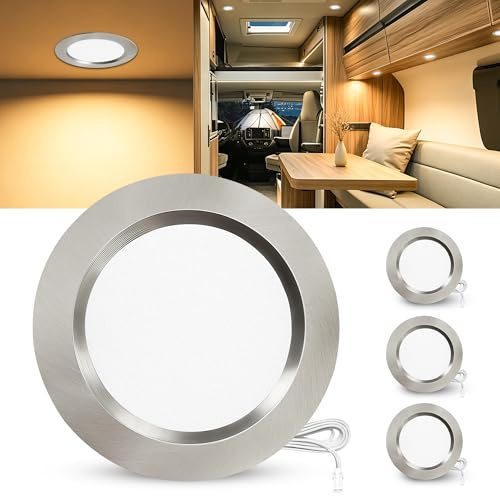 Laiebri 3er Set LED Einbaustrahler 12V, 3000K Warmweiß 3.5W Alu LED Spot Dimmbar, Möbeleinbauleuchte Lochmaß 55-58mm und 12mm Flach, IP44 Einbauspots für Wohnmobil Wohnwagen Boot, Nickel
