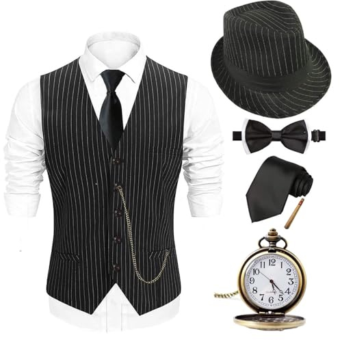 EFORLED Halloween 1920s Mens Costume 2025,Gatsby Gangster Vest,Vintage Pocket Watch,Pre Tied Bow Tie,Tie,TT-XL1