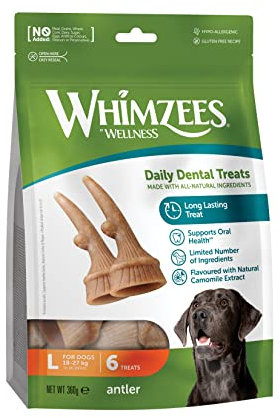 WHIMZEES by Wellness Antler, geweihförmiger Hundesnack für große Hunde, Größe L, 6 Stück, wirkt ruhigend, ohne Zuckerzusatz, getreidefrei, natürlich, fettarm