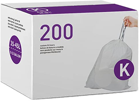 Code K 200 Count Drawstring Trash Bags Compatible with simplehuman Code K | 1.2 Mil | White Garbage Can Liners 9-12 Gallon / 35-45 Liter Heavy Duty Plastic Trash Bags