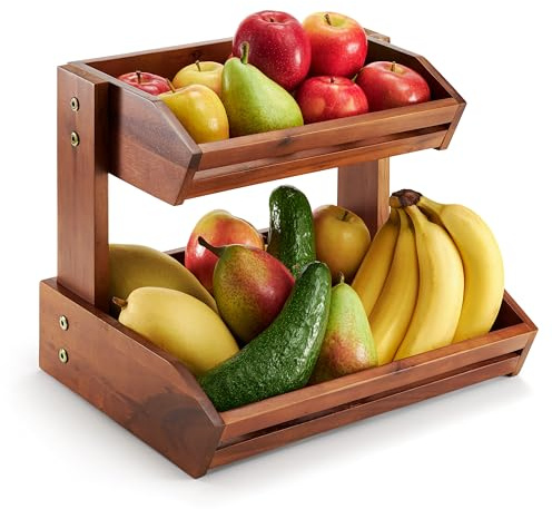 HOLANA Acacia 2 Tier Fruit Basket for Kitchen Counter Organizer – Wooden Fruit Bowl & Wooden Basket for Kitchen Counter Storage, Vegetable & Produce Storage, Snack Organizer for Countertop (Acacia)