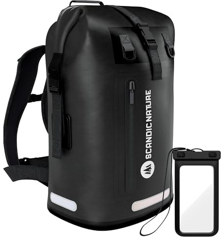 SCANDIC NATURE PIONEER 55L wasserdichter Rucksack schwarz mit Rolltop Verschluss - extra robust dank Boden mit 1000D PVC LKW-Plane, 3 Reflektor-Streifen Rollverschluss, wasserfeste IPX8 Handyhülle