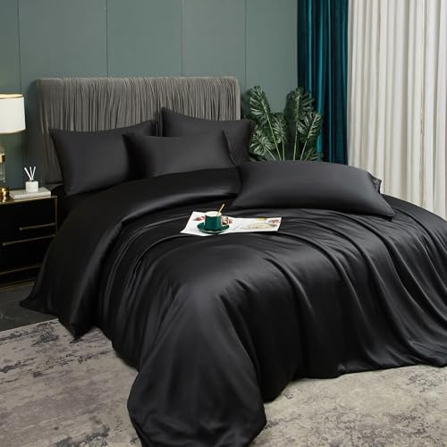Luofanfei Funda de Edredón Bambú 140x200 Negro Lyocell Juego de Ropa de Cama Lisa para Adultos 2 Piezas Conjunto de Ropa de Cama Negro Moderno Seda Lisa Suavidad Brillante Lisa Ropa de Cama con