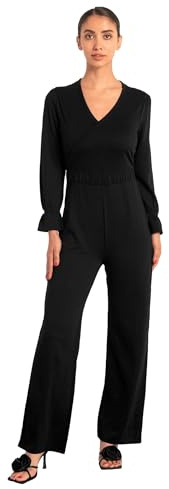 Enorsia Womens Long Sleeve Wrap Jumpsuit With V-neck Design, Wrap Style, Frill Sleeves, Elasticated Waist, And Wide Leg (Black, 12)