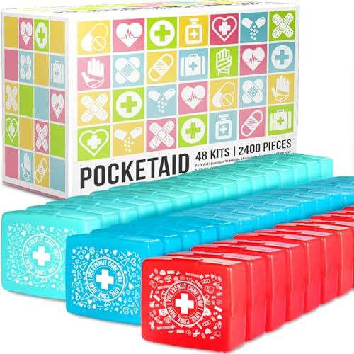 EVERLIT Pocket-Aid Mini First Aid Kit | Compact, Portable Hard-Shell Cases of 50 Items | Cuts, Scrapes, Wound Care Essentials for Travel, Outdoor, School, Camping, Home, Office (48 Packs | 2400 Pcs)