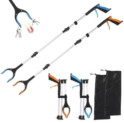 BlyeMichdi 2 Pezzi Pinza telescopica Pieghevole 109cm, Testa Rotante 360° Pinza Prensile in Alluminio, Bastone Raccogli Rifiuti, Raccoglitore di Immondizia con Punte Magnetiche (Blu+Arancione)