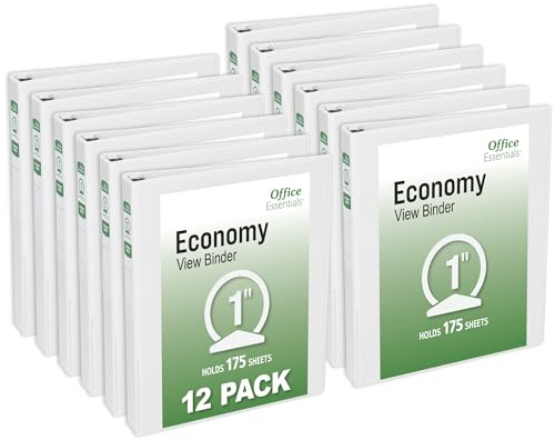 Office Essentials Economy View 3 Ring Binders, 1 Round Rings, 1.4 Spine, 175-Sheet Capacity, White Binders (12-Pack of 03424)