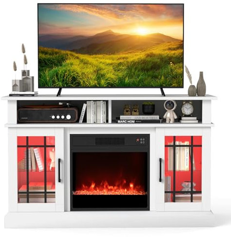 COSTWAY Electric Fireplace Insert TV Stand, Entertainment Center Console Table with Adjustable Flame, Overheat Protection Fire Heater & Remote (White, with RGB LED Lights, 18” Fireplace, for 55” TV)