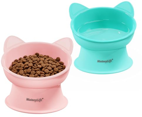 MateeyLife Ciotole per Gatti Rialzate, Set da 2 Ciotole Rialzate per Gatti con 15 Gradi, Ciotola Rialzata per Gatti da Interno e Cani di Piccola Taglia, Anti-affaticamento dei Baffi,Rosa & Verde