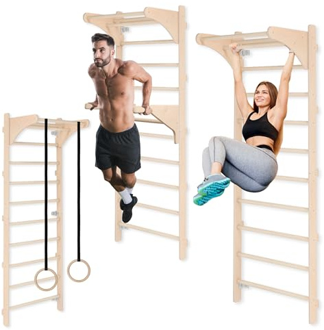 MAMOI Scala da ginnastica per allenamento con manico e barrette per dip, con anelli in legno regolabili per allenamento di forza e stretching, montaggio a parete, maniglie per allenamento, attrezzo