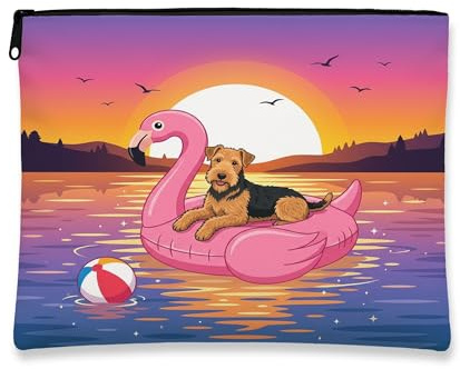Funny Lakeland Terrier Dog Makeup Bag, Flamingos Lifebuoys Sea Cosmetic Travel Pouch for Women, Gifts for Girls, Pet Portable Small Canvas Zipper Organizer 7x9 Inch