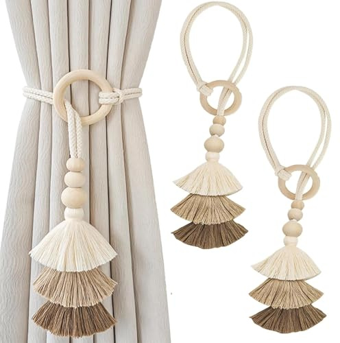 RIIRCSGE 2 PCS Curtain Tie Backs with Tassels, Boho Style Tie Backs for Curtains, Adjustable Rope Curtain Ties No Drilling Needed, Modern Decorative Tiebacks for Living Room Bedroom Home Office Decor