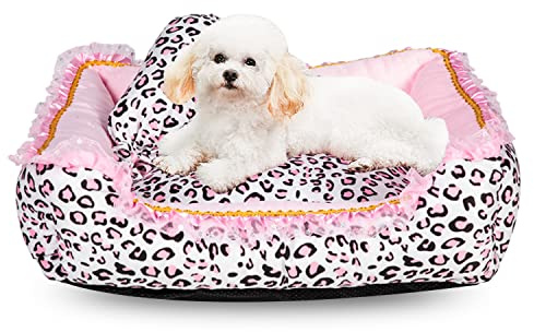 Gigreinc Dog Bed for Small Dogs - Cute Pink Leopard Dog Bed,Cat Beds for Indoor Cats Washable - Square Shape Cat Dog Sofa Bed Pet House Nest Cave(M, 20.8L x 18W x 5.5）