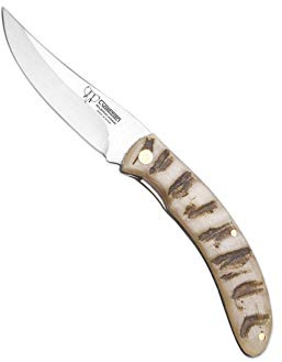 Cudeman Navaja 374-M hoja de acero Sandvik 12c27 de 8,5 cm y empuñadura de cuerno de muflón de 10,5 cm para caza, pesca, supervivencia y bushcraft + Portabotellas regalo