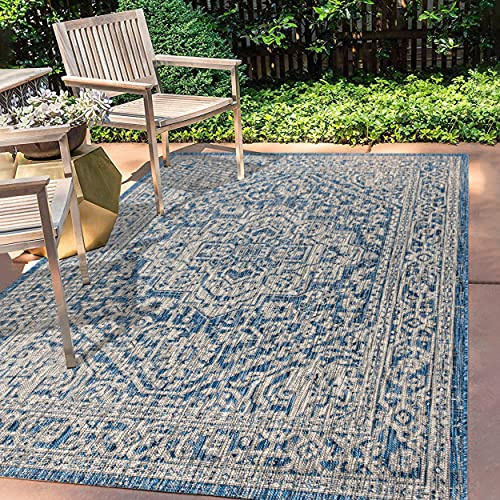 JONATHAN Y SMB101B-8 Sinjuri Alfombra Interior Exterior Textura Tejido Medallón Fácil de Limpiar, Habitación, Cocina, 240 cm x 300 cm, Azul Marino/Gris