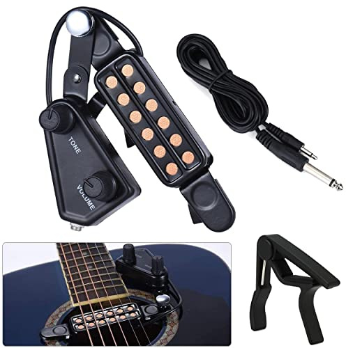 ENASGLOO 12 Soundhole Acoustic Guitar Pickup Electric Transducer Magnetic Preamplifier with Capo & 10 FT Audio Cable