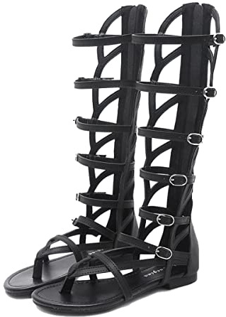 Sandali Gladiatore Donna Alti, Traspiranti Sandali Fino Al Ginocchio con Fibbia e Cerniera, Tacco Basse Sandali da Spiaggia Donna Eleganti, Moda Sandali Estivi Piatte Sandalo i(Size:37EU,Color:Nero)