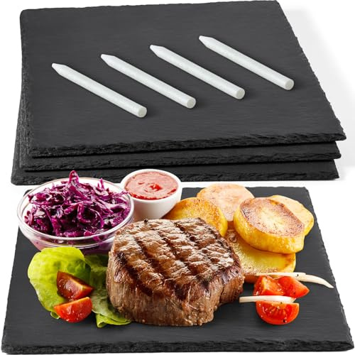 GOH DODD 3 tablas de queso de pizarra de 12 x 12 pulgadas, platos cuadrados de piedra negra, manteles individuales, bandeja de servir gourmet, pizarra para charcutería, pasteles, frutas, carne,