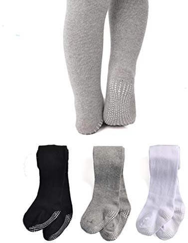 EPEIUS Baby Tights Seamless Non Slip/Skid Leggings Toddler Girl Cotton Stockings Baby Boy Footed Pants Pantyhose for 2-4 Years,3 Pair Pack,Black/White/Grey