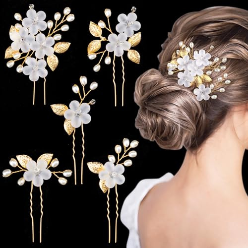 MELLIEX 5 Piezas Horquillas para el Pelo Boda, Perlas Artificiales y Mate Flor Tocados de Novia Accesorios para el Pelo para Boda Fiesta Velada(Oro)