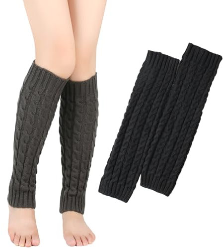 VEGCOO 2 Pares Calentadores Piernas Mujer, Leg Warmers Calentadores de Piernas de Punto para Mujeres, Calentadores Altos Hasta para Otoño e Invierno (Negro+Gris, One size)