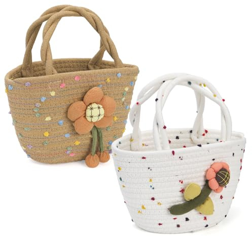 Dicunoy 2 PCS Little Girls Purses, Small Flower Handbags with Handles, Cute Easter Cotton Woven Beach Boho Bags for Princess, Outdoor Activities, Gift