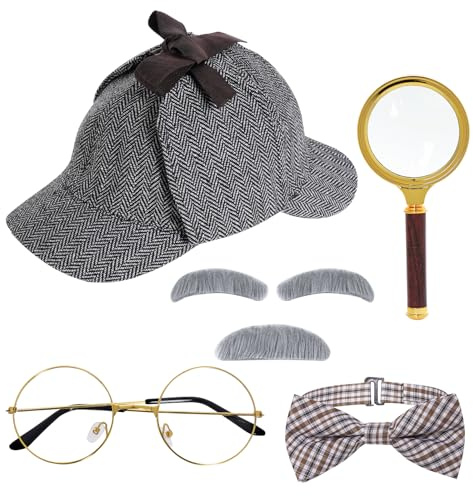 HOVEOX Detective Costume Set Including Hat, Magnifying Glass, Glasses, Mustaches, Bow Tie, and Pipe (Style 2)