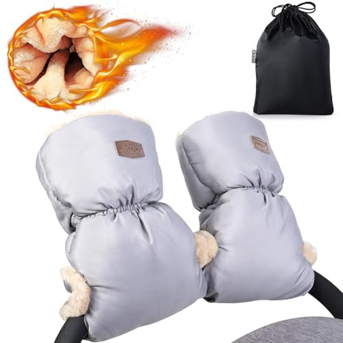 Orzbow Kinderwagen Handwärmer, Künstliche Lammfell Handmuff für Kinderwagen, Wasserdicht Handschuhe Kinderwagen, Atmungsaktiv Zubehör für Kinderwagen, Winter Geschenk für Neue Eltern (Hellgrau)