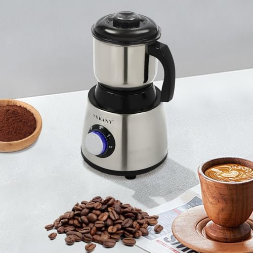 Moulin à café 500W électrique Mixeur en Acier Inoxydable pour épices,Grains,Café et Noix, Argent + Noir