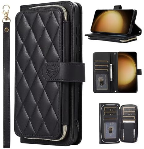 Rnrieyta Miagon Fermeture éclair Coque pour Samsung Galaxy S22,Étui Portefeuille Cuir PU Antichoc Housse avec Fentes Cartes Fonction Support Dragonne Protection Complète