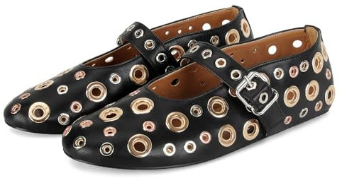 MICIFA Ballerine da donna con cinturino con fibbia in rete nera perforata in metallo borchiato Mary Jane comode ballerine metalliche, nero, 40 EU