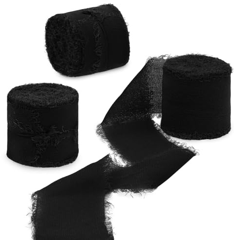 Uiopa 3 Rollos Cinta de Gasa, 4cm x 15m Cinta Regalo con Flecos, Cinta Negro Decorativa de Tela para Envolver Regalos, Invitaciones de Boda, Ramo de Flores, Manualidades