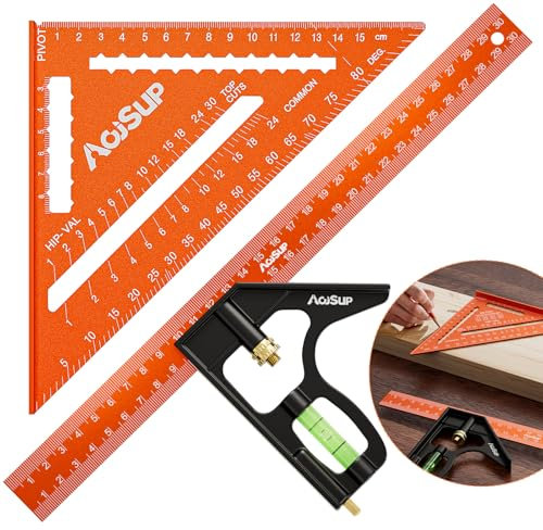 AojSup Ensemble d'équerre combiné, équerre combinée de 300 mm et règle triangulaire épaisse en alliage d'aluminium de 180 mm, outils de charpentier, équerre de charpentier pour mesure d'angle de