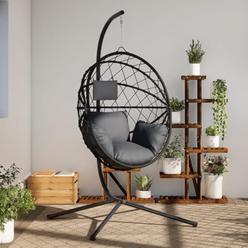 Sufrk Silla colgante con forma de huevo con soporte antracita de poliratán/acero-Soporte para silla de huevo colgante, estructura para silla de hierro resistente, soporte para mecedora robusta, silla