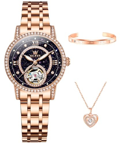 OLEVS Women’s Watch Automatic Diamond Tourbillon Luxury Fashion Stainless Steel Waterproof Luminous Wrist Watches for Ladies Gift Rose Gold/Starry Sky Blue/Silver