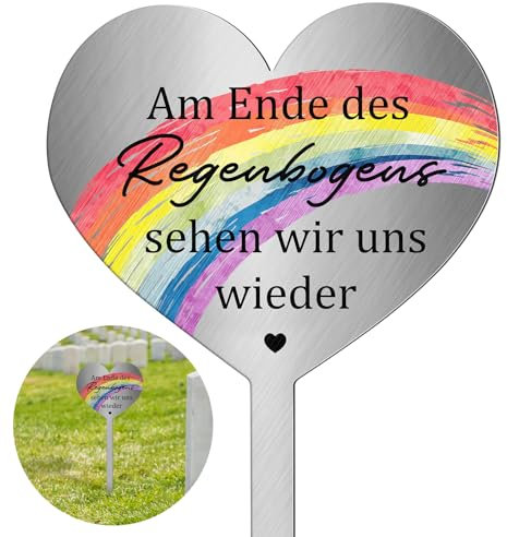Photect Grabschmuck Wetterfest Grabstecker Metall Herz mit Spruch Am Ende des Regenbogens Sehen Wir Uns Wieder Herz Frostbeständig Grabschmuck zum Erinnerung Andenken Dekoherz Trauer