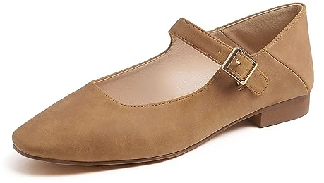 Feversole Mary Jane halvskor, platta fritidsdansskor, kamel nubuck, 37.5 EU