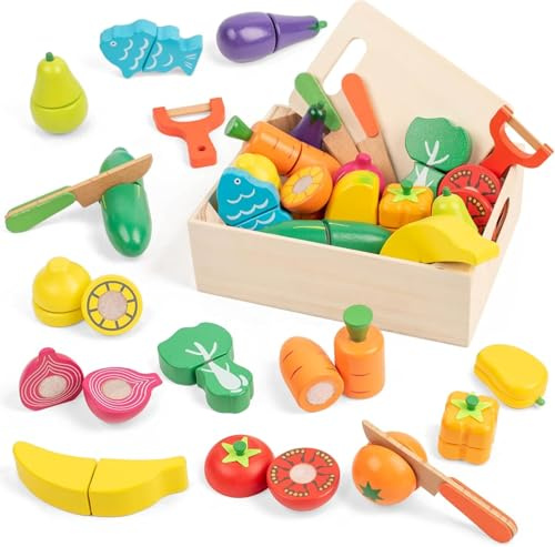 FMSKS Accesorios para cocina de juguete, juguete de cocina de madera con conexión de velcro, juguete educativo de juego de roles, 32 piezas de juguete de cocina, juguete pedagógico, regalo para niños