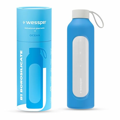 Wessper glasflaska med silikonhölje, borosilikatglasflaska med tidsangivelse 1 liter, sportflaska Perfekt för träning, skola, sport, barn, BPA-fri drickmotivation – Havsblå