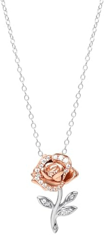 Disney Sterling Silver 925 Beauty & Beast Stone Set Rose Necklace