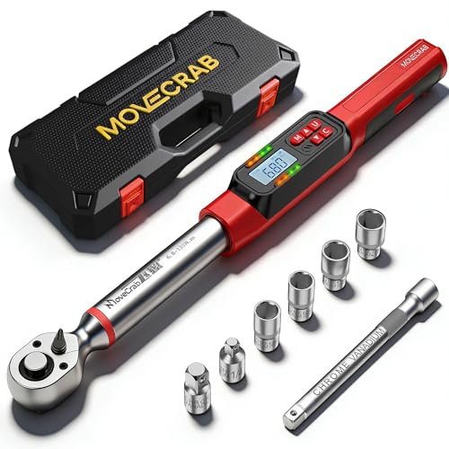 MOVECRAB 3/8 Digital Torque Wrench, 6.8-135 N.m Wheel Torque Wrench Set | Electronic Torque Wrench with Buzzer & LED Indicator, 5-99.6 Ft.lbTorque Wrench Set for Bike Motorcycle Car Tire Auto Repair