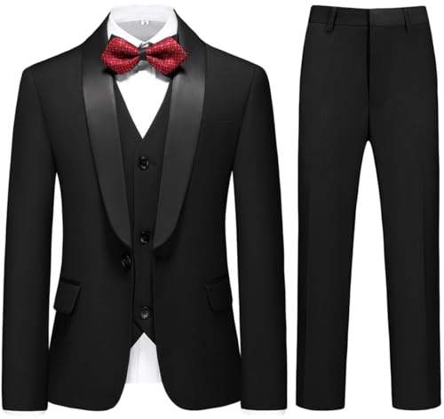 KUDORO Garçon Costume 3 Pièces Classique Slim Fit Costume de Mariage Un Bouton Bal Fête Veste Pantalon Et Gilet(Noir,12 Ans)