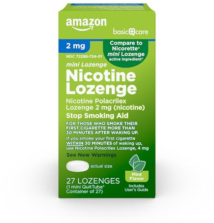 Amazon Basic Care Mini Nicotine Polacrilex Lozenge, 2 mg (Nicotine), Stop Smoking Aid, Mint Flavor, Smoking Cessation, 27 Count