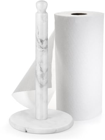 Flexzion Marble Paper Towel Holder 12 inch (White) - Kitchen Countertop Paper Towel Holder Stand Rack with Roll Dispenser Pole and Weighted Marble Base for Tables Home Dining Bathroom Storage