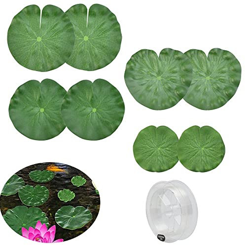 OTTYMO 8 Pz 4 Dimensioni Foglia di Loto Artificiale Foglie di Ninfea Artificiali Acquatiche Loto Artificiale Galleggiante con 1 Rotolo Lenza da Pesca 100M per Laghetti Piscina Acquario Decorazioni
