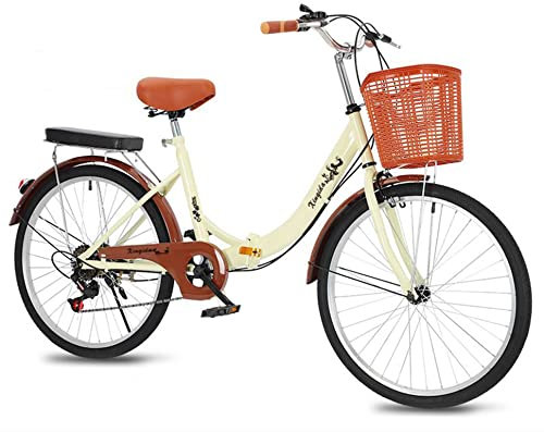 XQIDa durable Klapprad 24 Zoll City Fahrrad Retro Vintage Citybike 6 Gang schaltwerk,Verstellbarer Sitz handhaben+ Rücklicht und Korb+GlockeGeeignet für Erwachsene und Jugendliche(Creme Farben)